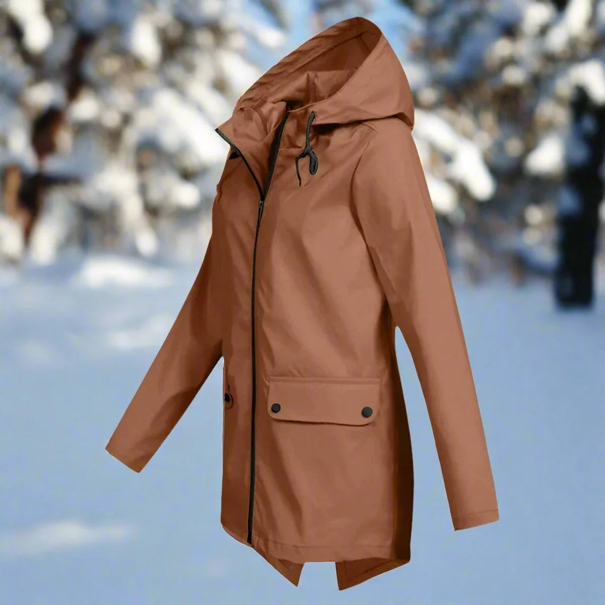 Orange Women's Rain Jacket With Hood — Lena Lightweight Waterproof Zip-Pocket - Side Pose Snow Trees
