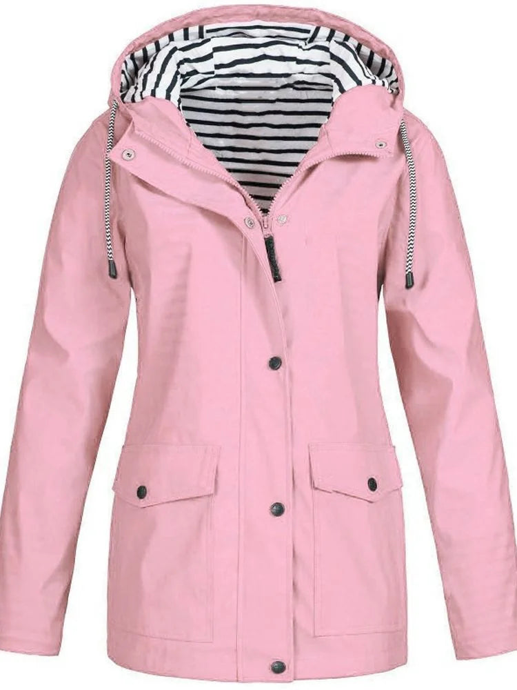 Pink Women's Rain Jacket With Hood — Catherine Lightweight Waterproof Zip-Up - Front Pocket Detail