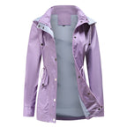 Purple Women's Rain Jacket With Hood — Annabelle Everyday Drawstring-Waist Zip-Up - Front Closed Studio
