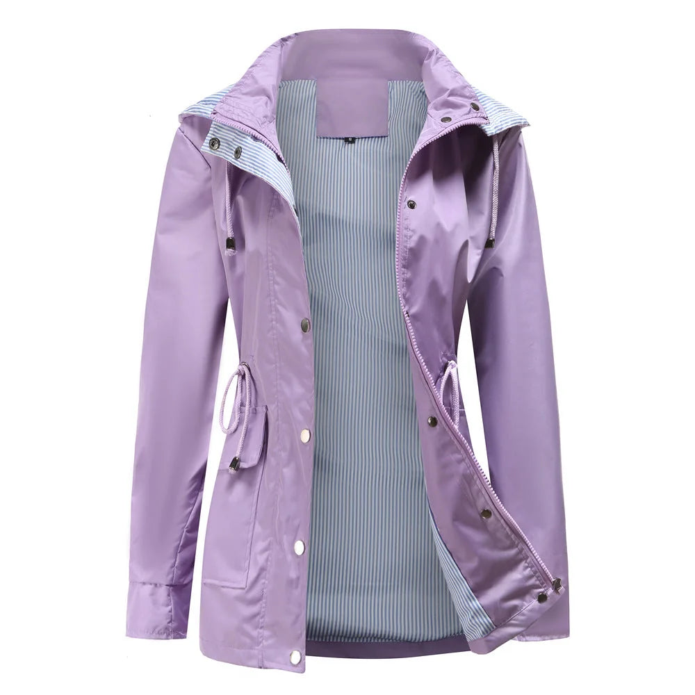 Purple Women's Rain Jacket With Hood — Annabelle Everyday Drawstring-Waist Zip-Up - Front Closed Studio