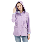 Purple Women's Rain Jacket With Hood — Annabelle Everyday Drawstring-Waist Zip-Up - Front Full Hood Up