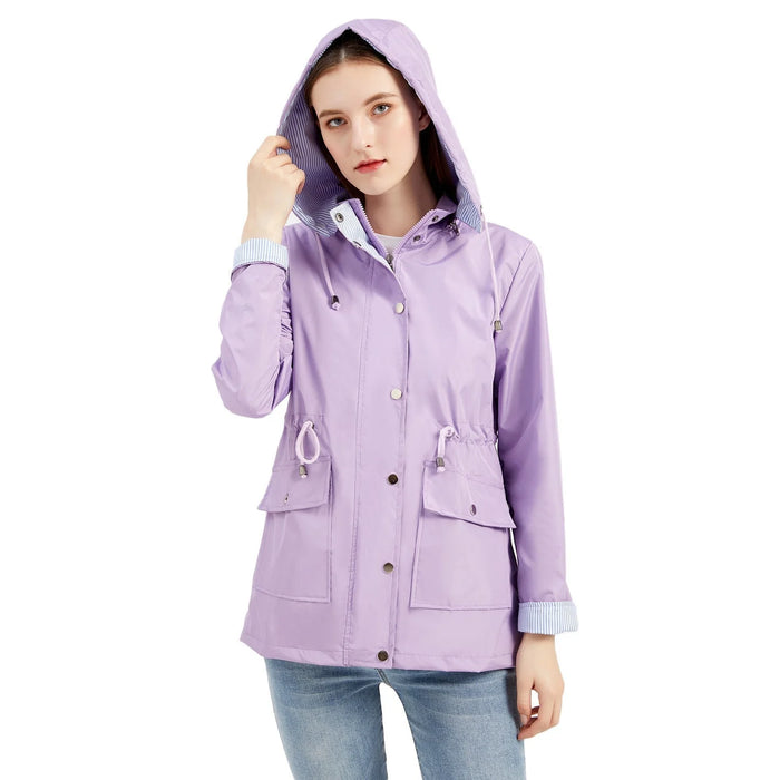 Purple Women's Rain Jacket With Hood — Annabelle Everyday Drawstring-Waist Zip-Up - Front Full Hood Up