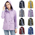 Purple Women's Rain Jacket With Hood — Annabelle Everyday Drawstring-Waist Zip-Up - Worn With Color Swatches