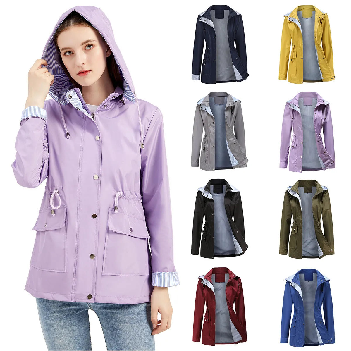 Purple Women's Rain Jacket With Hood — Annabelle Everyday Drawstring-Waist Zip-Up - Worn With Color Swatches