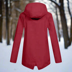 Red Women's Rain Jacket With Hood — Lena Lightweight Waterproof Zip-Pocket - Back View Forest