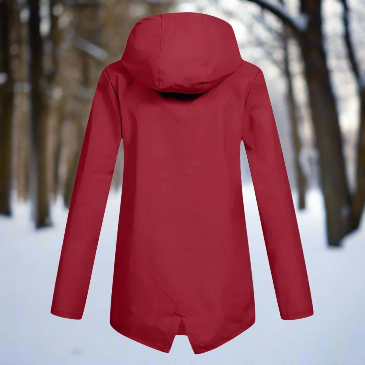 Red Women's Rain Jacket With Hood — Lena Lightweight Waterproof Zip-Pocket - Back View Forest