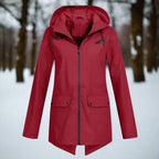 Red Women's Rain Jacket With Hood — Lena Lightweight Waterproof Zip-Pocket - Flat Lay Front