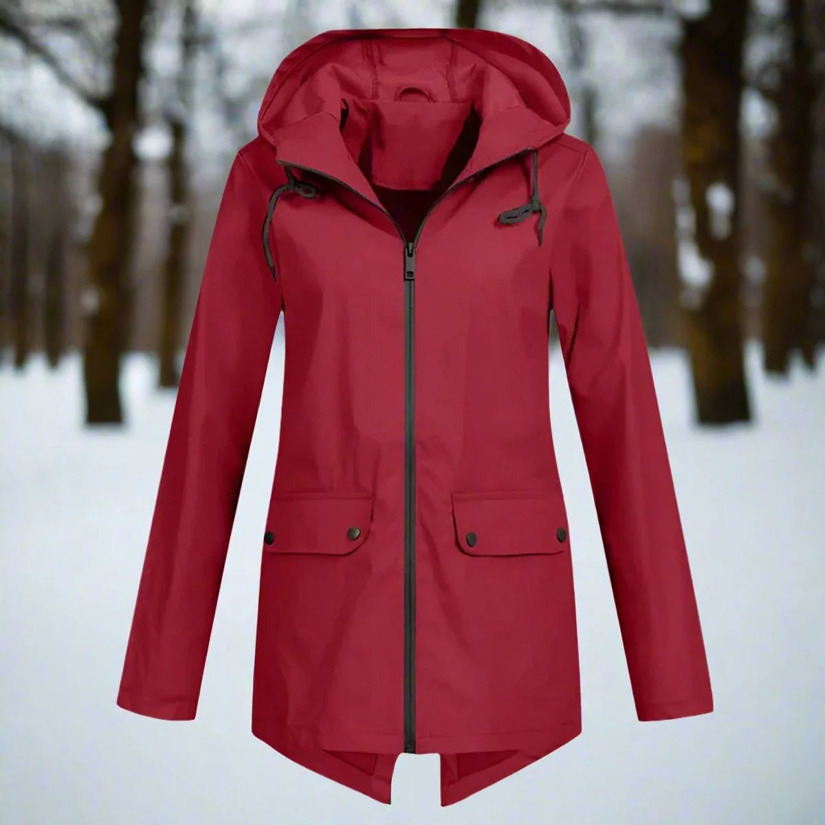 Red Women's Rain Jacket With Hood — Lena Lightweight Waterproof Zip-Pocket - Flat Lay Front