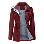 Red Women's Rain Jacket With Hood — Annabelle Everyday Drawstring-Waist Zip-Up - Front Open Lining