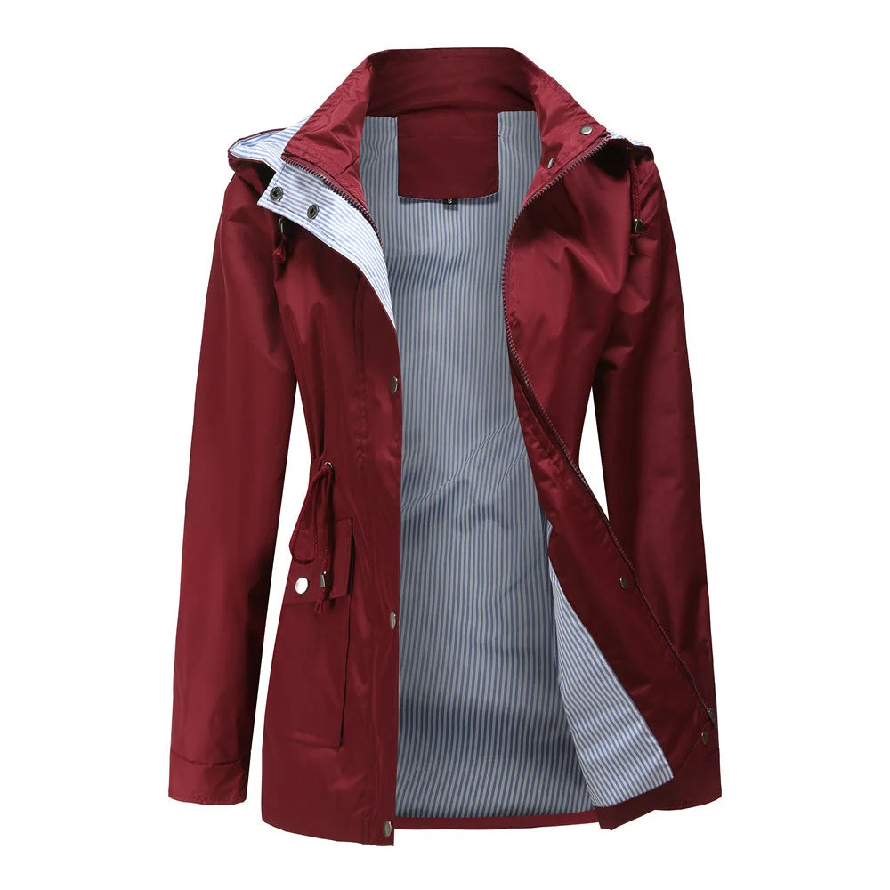 Red Women's Rain Jacket With Hood — Annabelle Everyday Drawstring-Waist Zip-Up - Front Open Lining