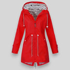 Red Women's Hooded Rain Jacket — Nala Zip-Up Drawstring Waterproof - Front Open Zip