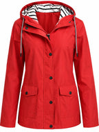 Red Women's Rain Jacket With Hood — Catherine Lightweight Waterproof Zip-Up - Front Styled