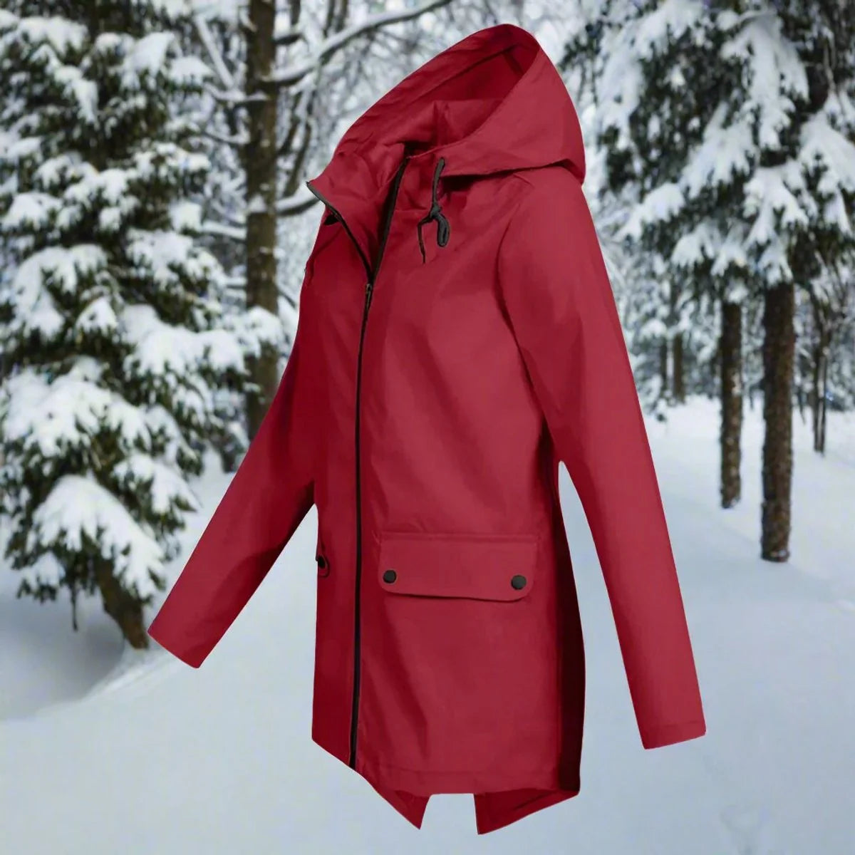 Red Women's Rain Jacket With Hood — Lena Lightweight Waterproof Zip-Pocket - Side Pose Snowy Trees