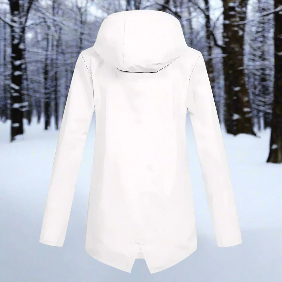 White Women's Rain Jacket With Hood — Lena Lightweight Waterproof Zip-Pocket - Back View Studio