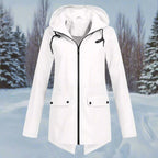 White Women's Rain Jacket With Hood — Lena Lightweight Waterproof Zip-Pocket - Flat Lay Front