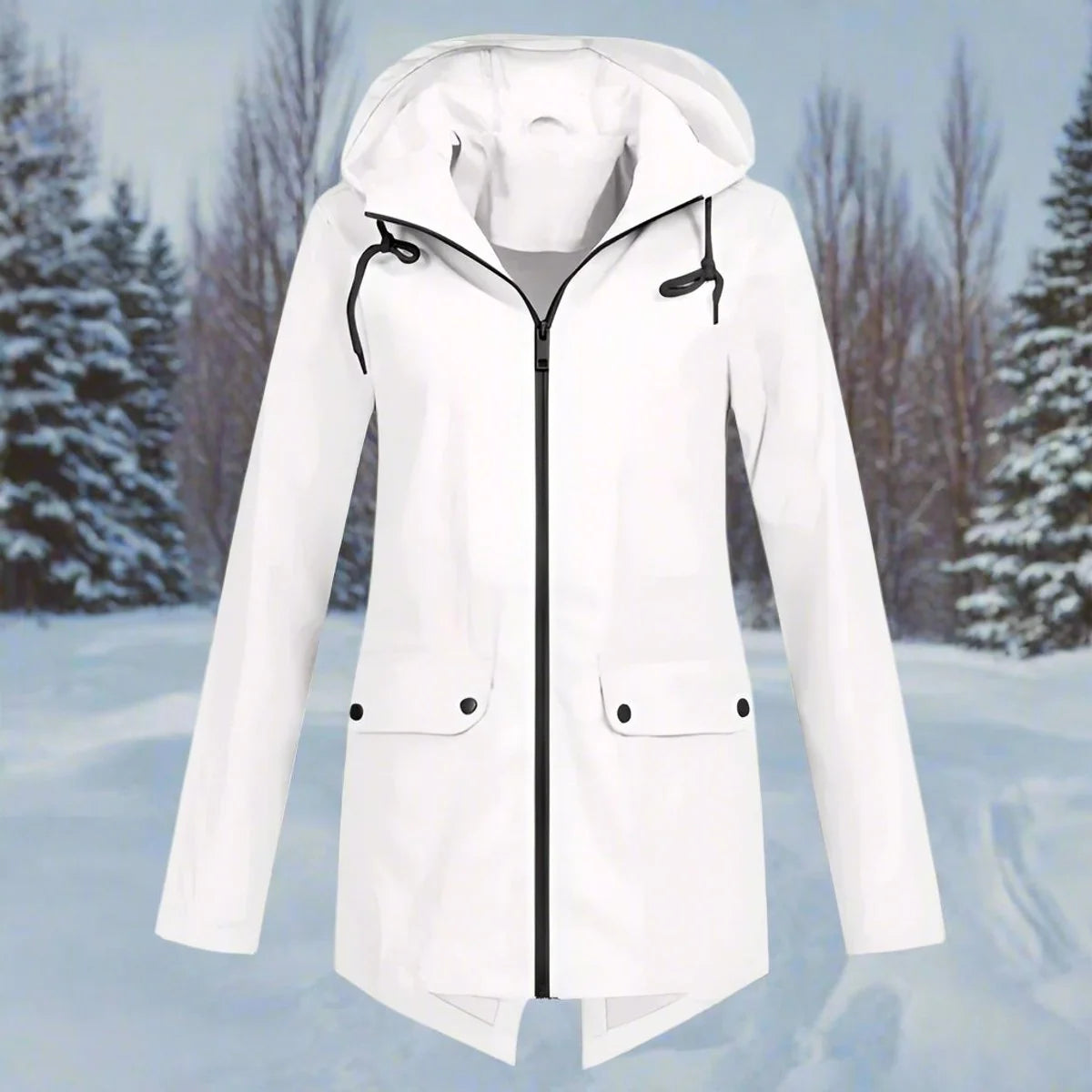 White Women's Rain Jacket With Hood — Lena Lightweight Waterproof Zip-Pocket - Flat Lay Front