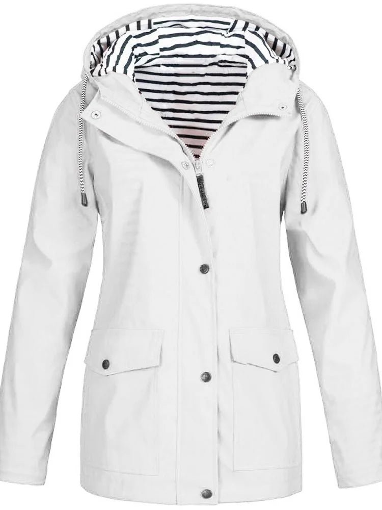 White Women's Rain Jacket With Hood — Catherine Lightweight Waterproof Zip-Up - Front Open