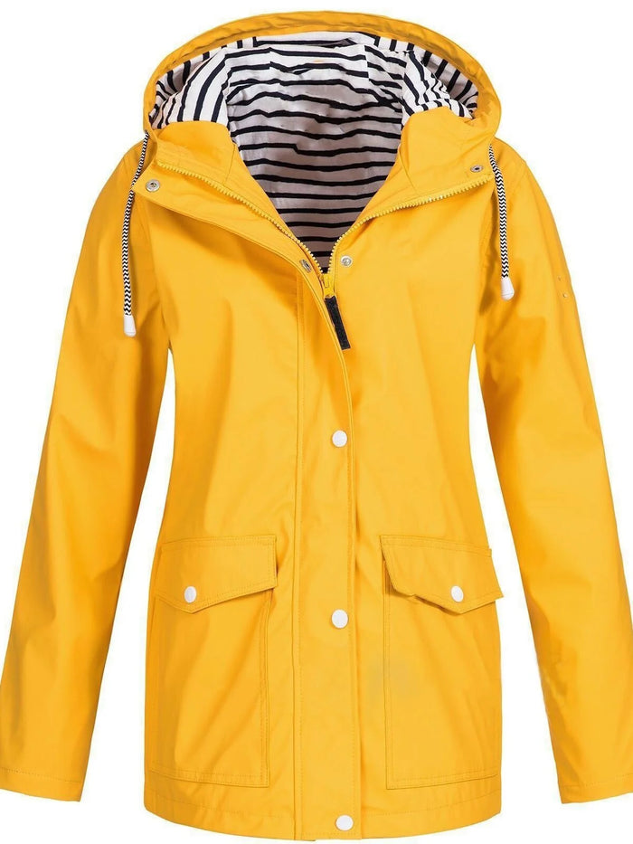 Yellow Women's Rain Jacket With Hood — Catherine Lightweight Waterproof Zip-Up - Front Full