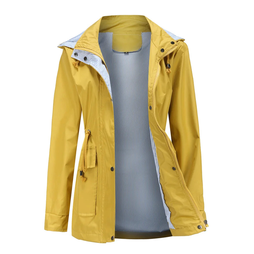 Yellow Women's Rain Jacket With Hood — Annabelle Everyday Drawstring-Waist Zip-Up - Front Open Lining