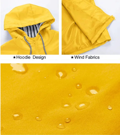Yellow Women's Rain Jacket With Hood — Catherine Lightweight Waterproof Zip-Up - Hoodie Fabric Detail
