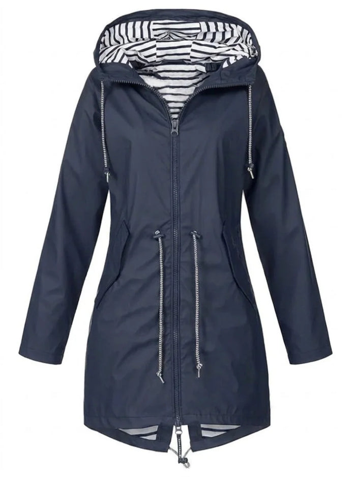 Blue Women's Hooded Raincoat with Adjustable Drawstring Waist — Maisie
