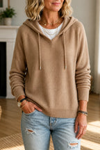 Khaki Women's Hooded Knit Sweater with Ribbed Trim & Drawstring Hood — Maelle