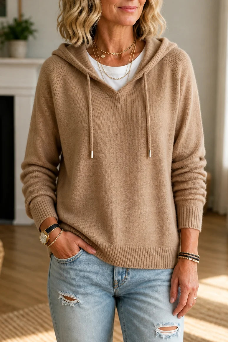 Khaki Women's Hooded Knit Sweater with Ribbed Trim & Drawstring Hood — Maelle