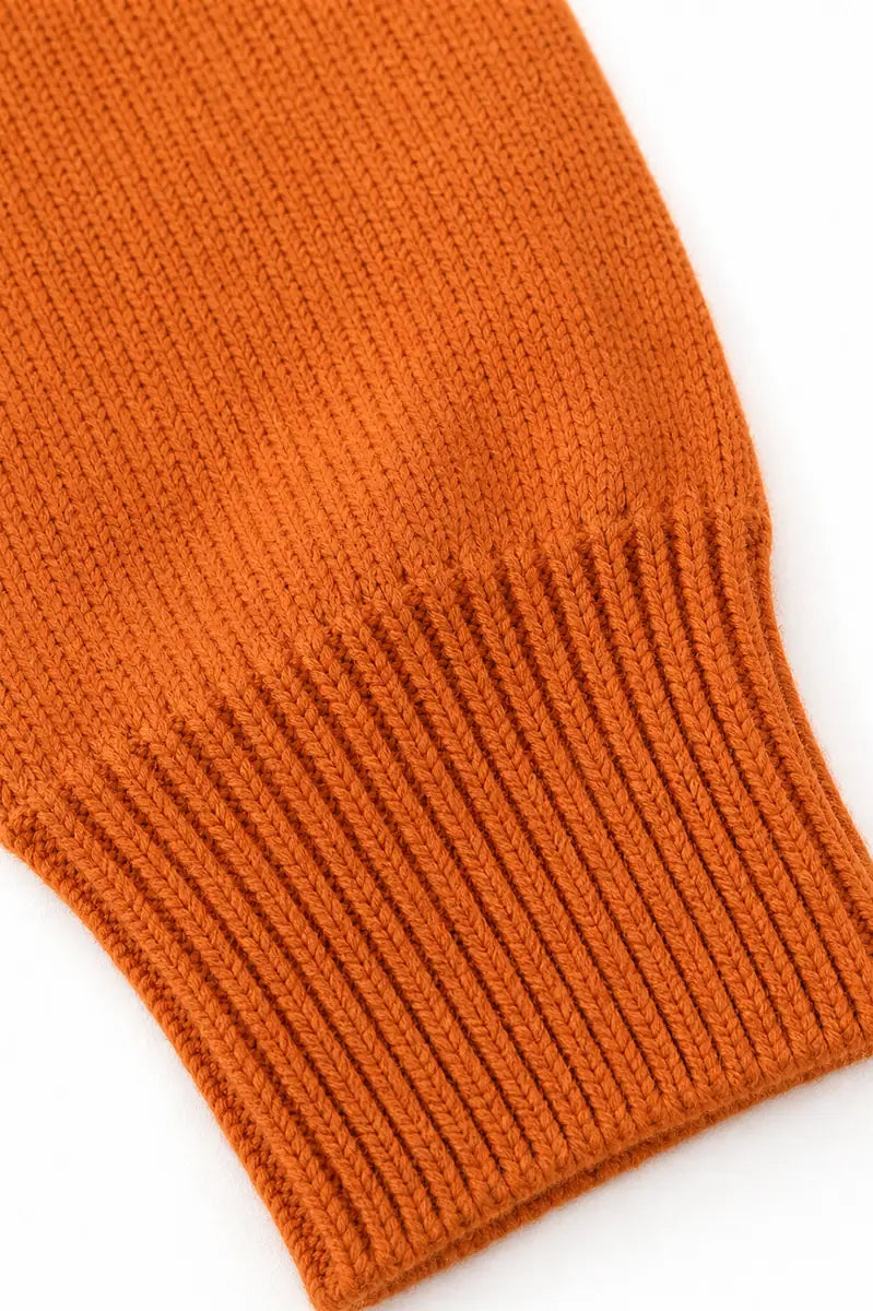 Orange Women's Hooded Knit Sweater with Ribbed Trim & Drawstring Hood — Maelle - Cuff Rib Closeup