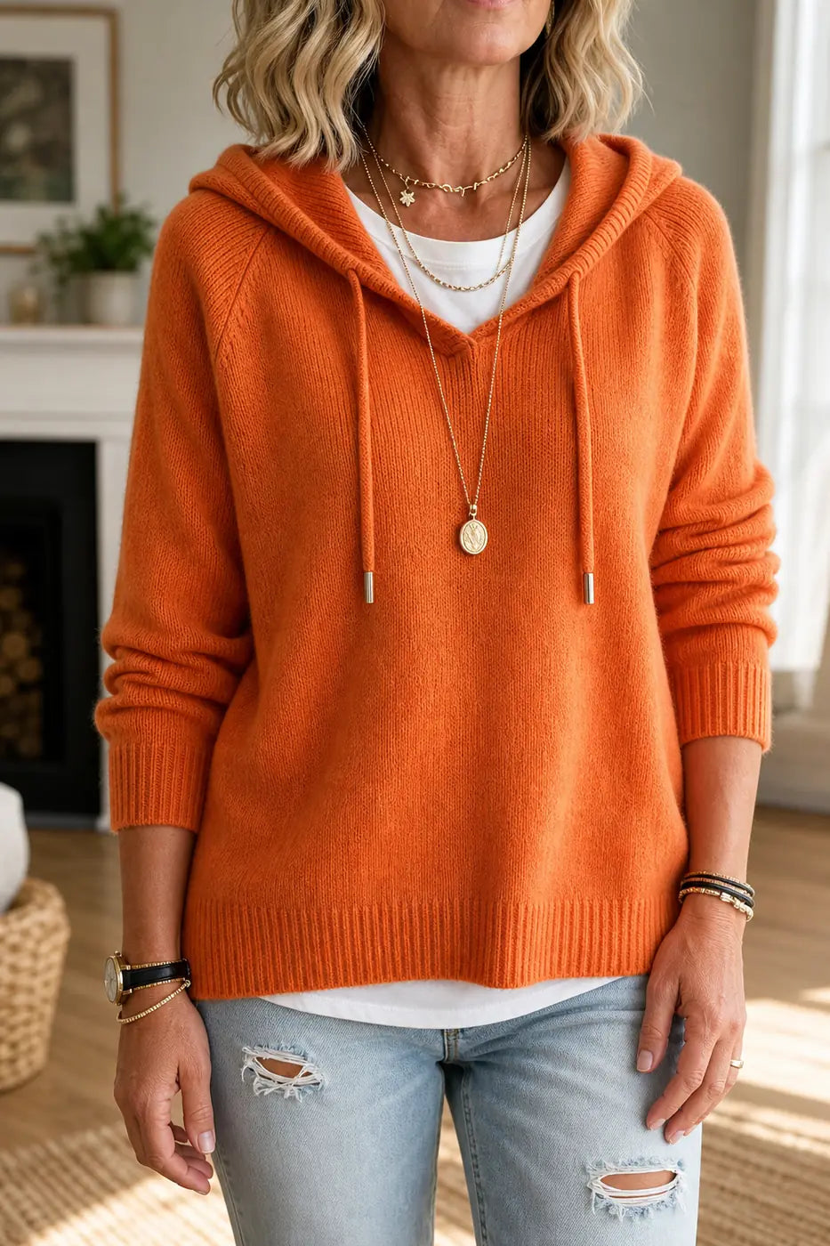 Orange Women's Hooded Knit Sweater with Ribbed Trim & Drawstring Hood — Maelle - Front Closeup Torso