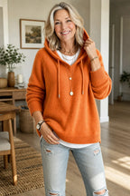 Orange Women's Hooded Knit Sweater with Ribbed Trim & Drawstring Hood — Maelle - Front Full Smile