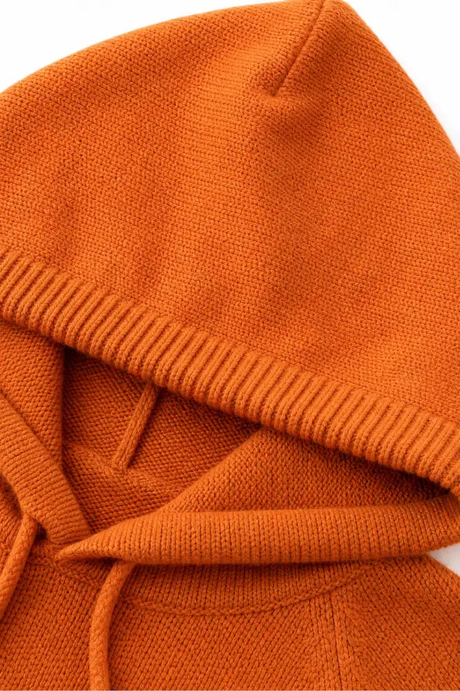 Orange Women's Hooded Knit Sweater with Ribbed Trim & Drawstring Hood — Maelle - Hood Flat Lay