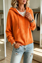 Orange Women's Hooded Knit Sweater with Ribbed Trim & Drawstring Hood — Maelle