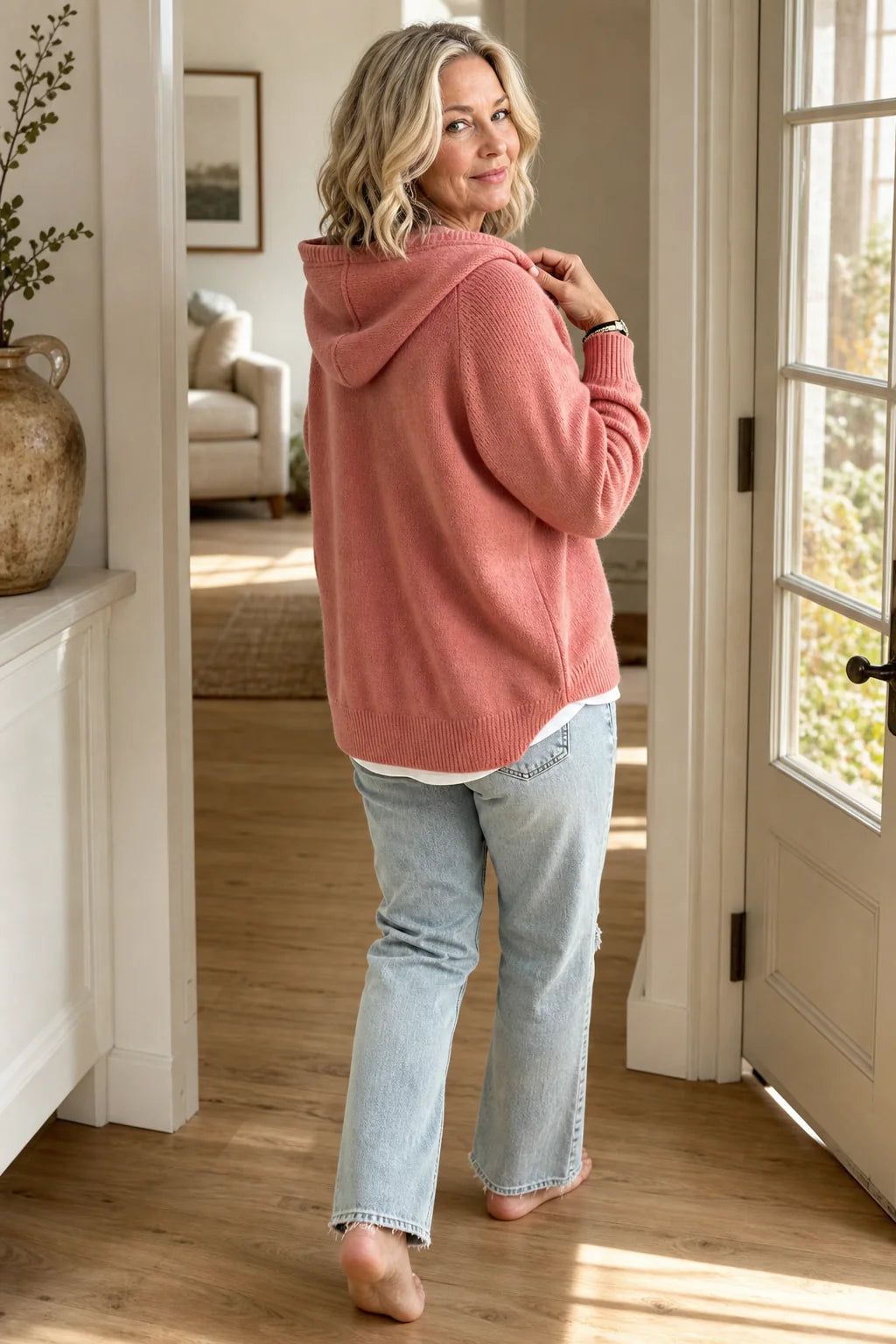 Pink Women's Hooded Knit Sweater with Ribbed Trim & Drawstring Hood — Maelle - Back Full Pose