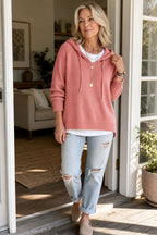Pink Women's Hooded Knit Sweater with Ribbed Trim & Drawstring Hood — Maelle - Front Full Outdoor