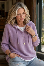 Purple Women's Hooded Knit Sweater with Ribbed Trim & Drawstring Hood — Maelle - Front Closeup Doorway