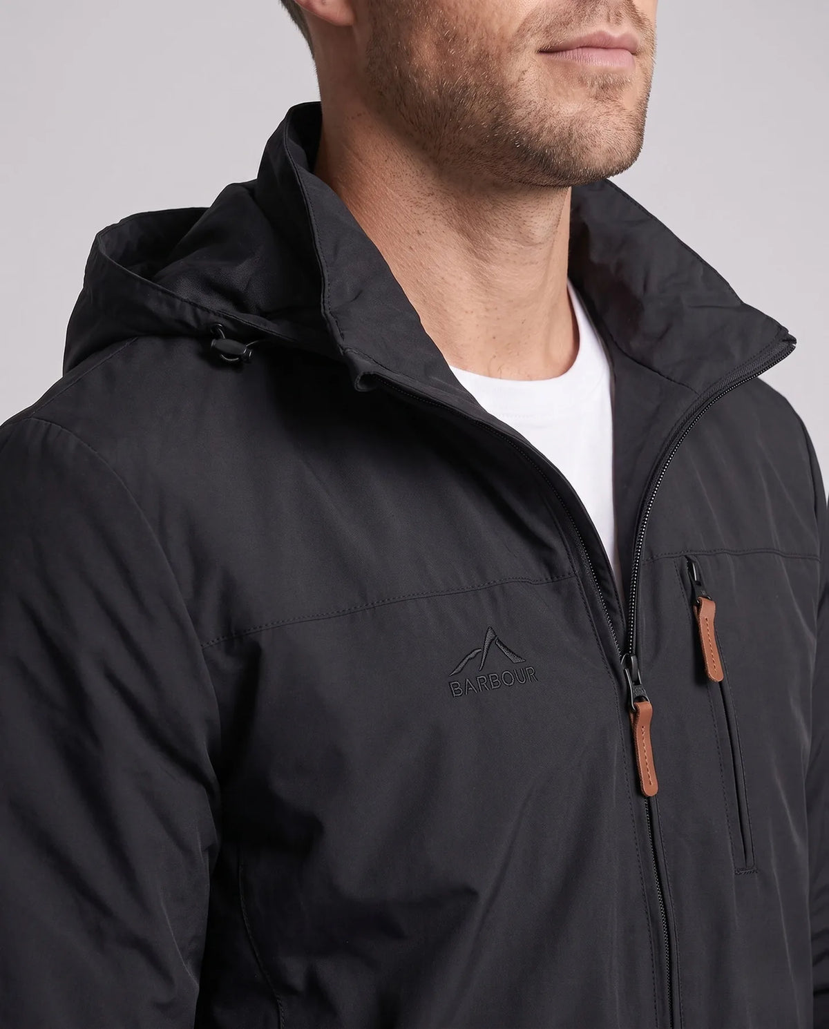 Men's Softshell Jacket with Hood, Zip Pockets & Adjustable Cuffs - Close Up Chest