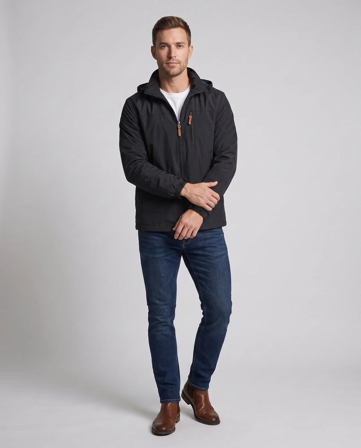 Men's Softshell Jacket with Hood, Zip Pockets & Adjustable Cuffs - Front Full