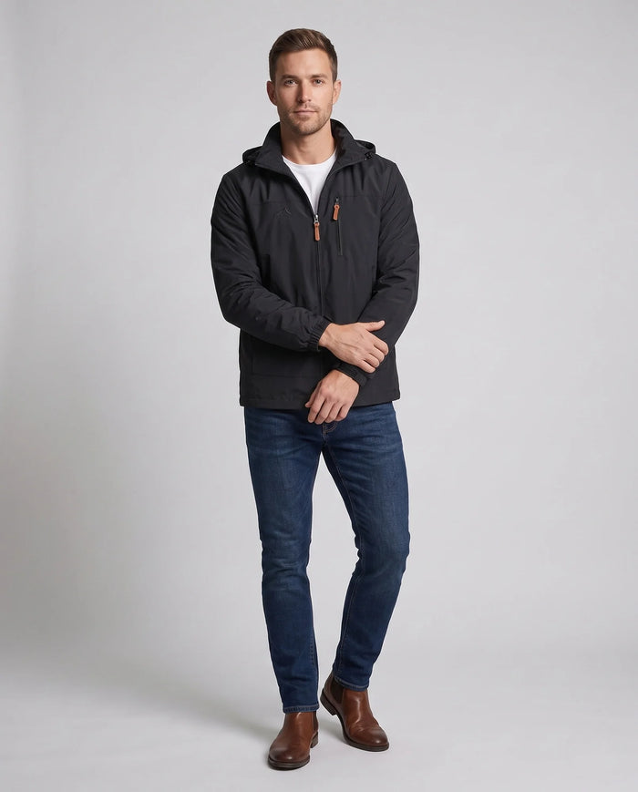 Men's Softshell Jacket with Hood, Zip Pockets & Adjustable Cuffs - Front Full