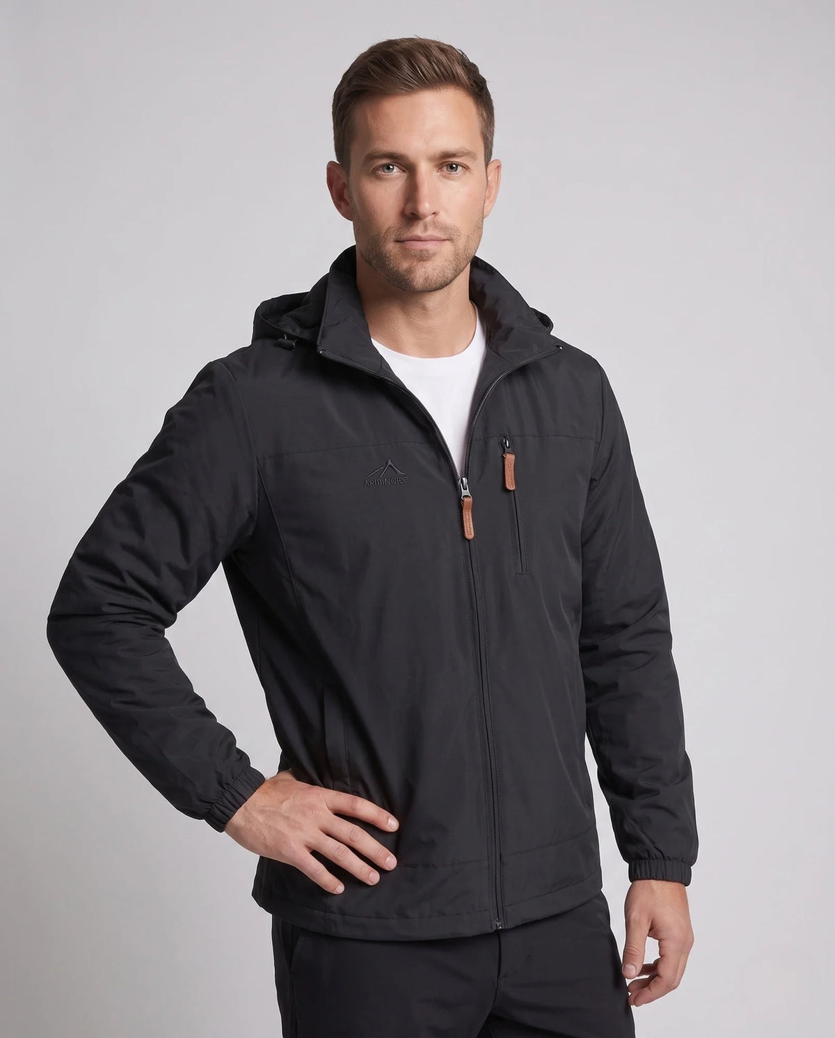 Men's Softshell Jacket with Hood, Zip Pockets & Adjustable Cuffs - Front Pose