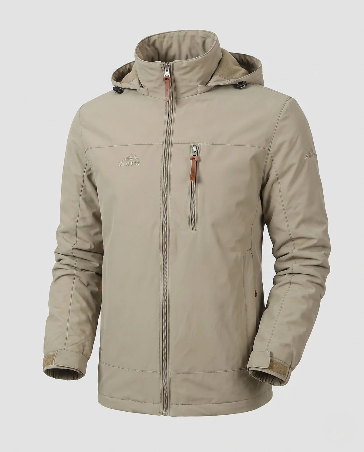 Khaki Men's Softshell Jacket with Hood, Zip Pockets & Adjustable Cuffs