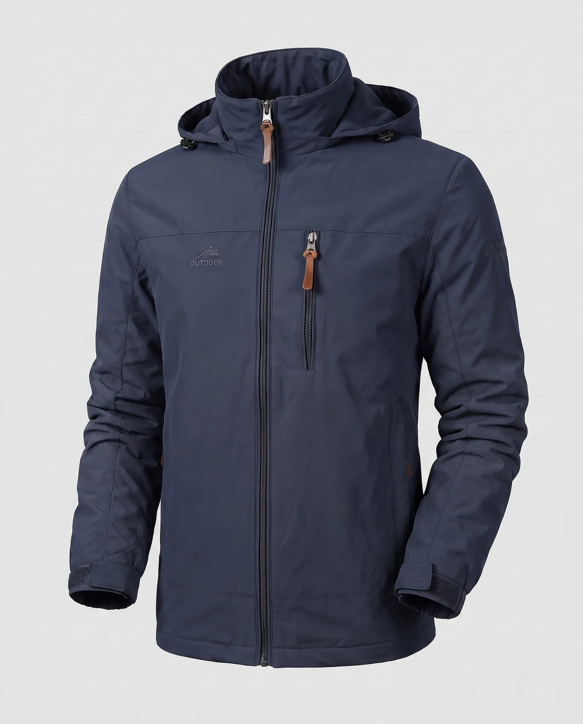 Navy Blue Men's Softshell Jacket with Hood, Zip Pockets & Adjustable Cuffs - Flat Lay
