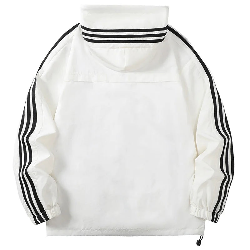 Men's Hooded Jacket with Striped Trim & Zip Pockets - Back Full