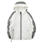Beige Men's Hooded Jacket with Striped Trim & Zip Pockets — Asher - Front Full