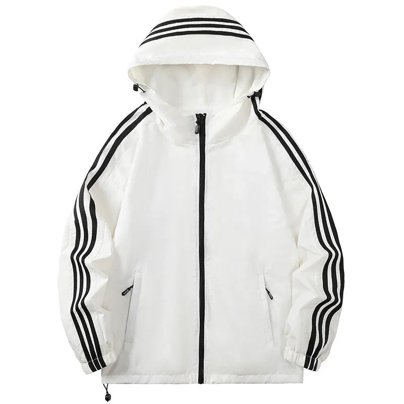 Beige Men's Hooded Jacket with Striped Trim & Zip Pockets — Asher - Front Full