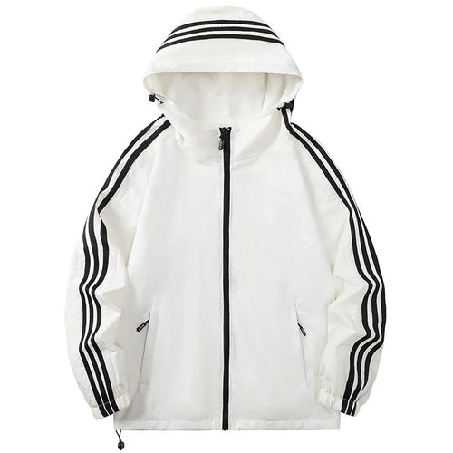 Beige Men's Hooded Jacket with Striped Trim & Zip Pockets — Asher - Front Full