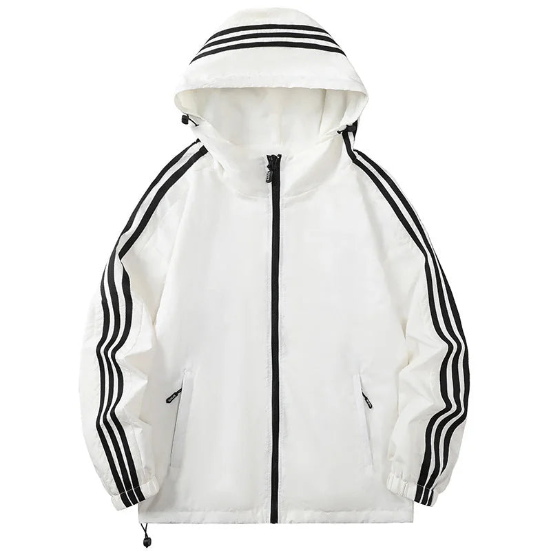 Beige Men's Hooded Jacket with Striped Trim & Zip Pockets — Asher