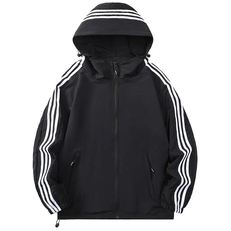 Men's Hooded Jacket with Striped Trim & Zip Pockets - Front Hood Up