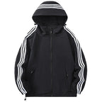 Black Men's Hooded Jacket with Striped Trim & Zip Pockets