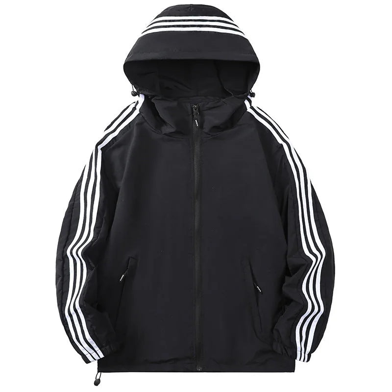 Black Men's Hooded Jacket with Striped Trim & Zip Pockets