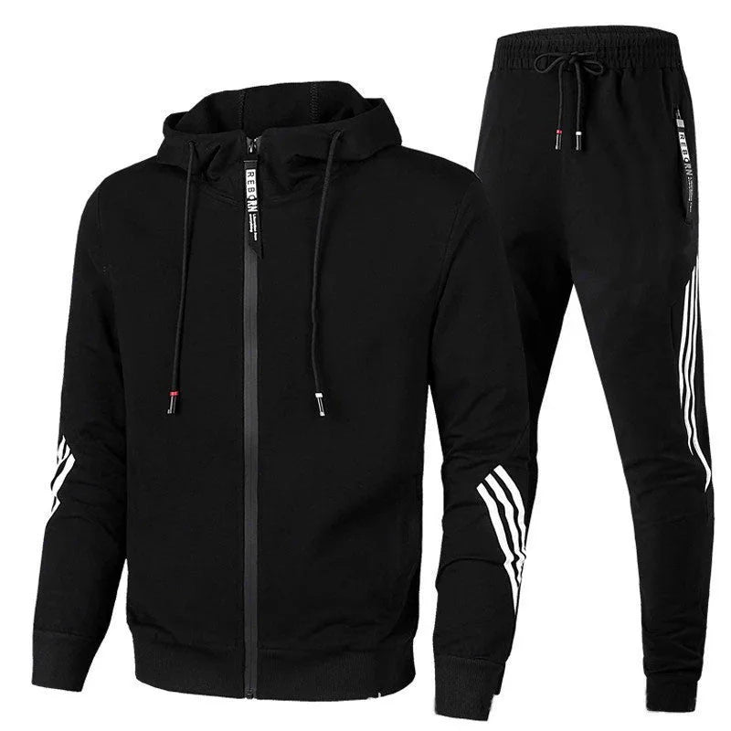Black Men's Hooded Tracksuit with Striped Sleeves & Relaxed Fit